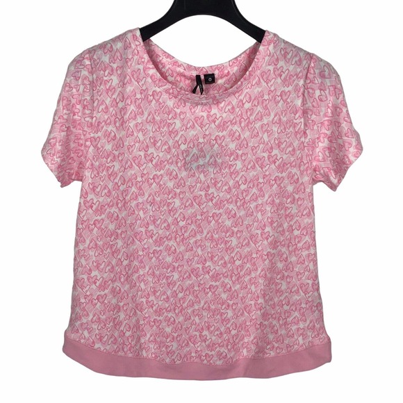 KENSIE Pink Hearts Short Sleeve Crew Neck Fleece Pullover Pajama Top Women's M - Picture 1 of 3